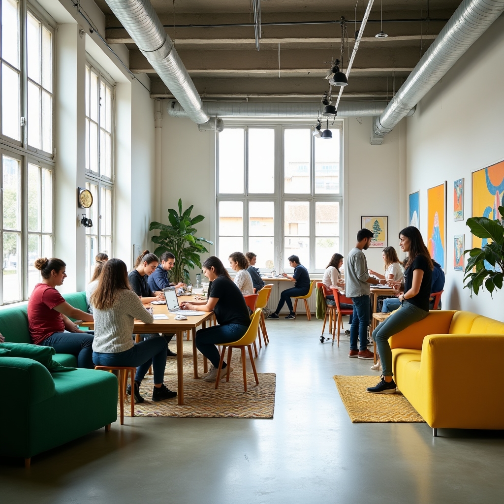 Bright coworking space in Córdoba Argentina with collaborative work areas and large windows