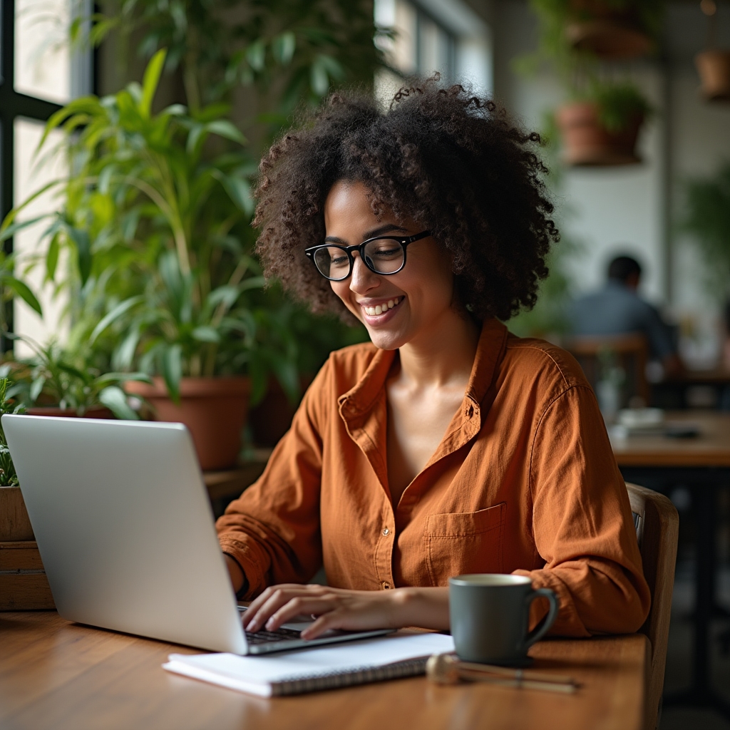 Freelance designer working on laptop at a coworking space with plants and natural light