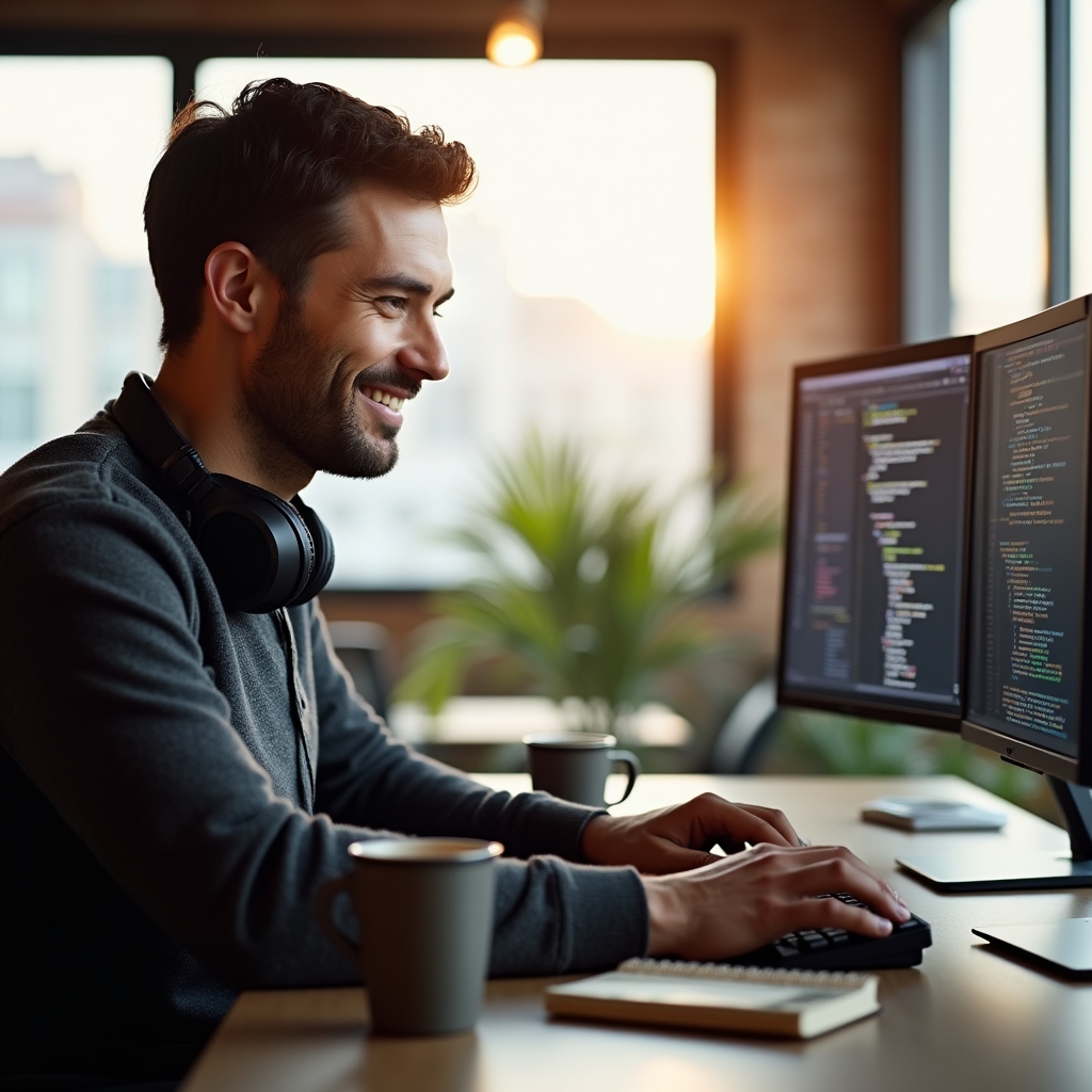 Remote worker in their 30s working focused at a coworking desk with dual monitors, headphones, and coffee in a bright modern space