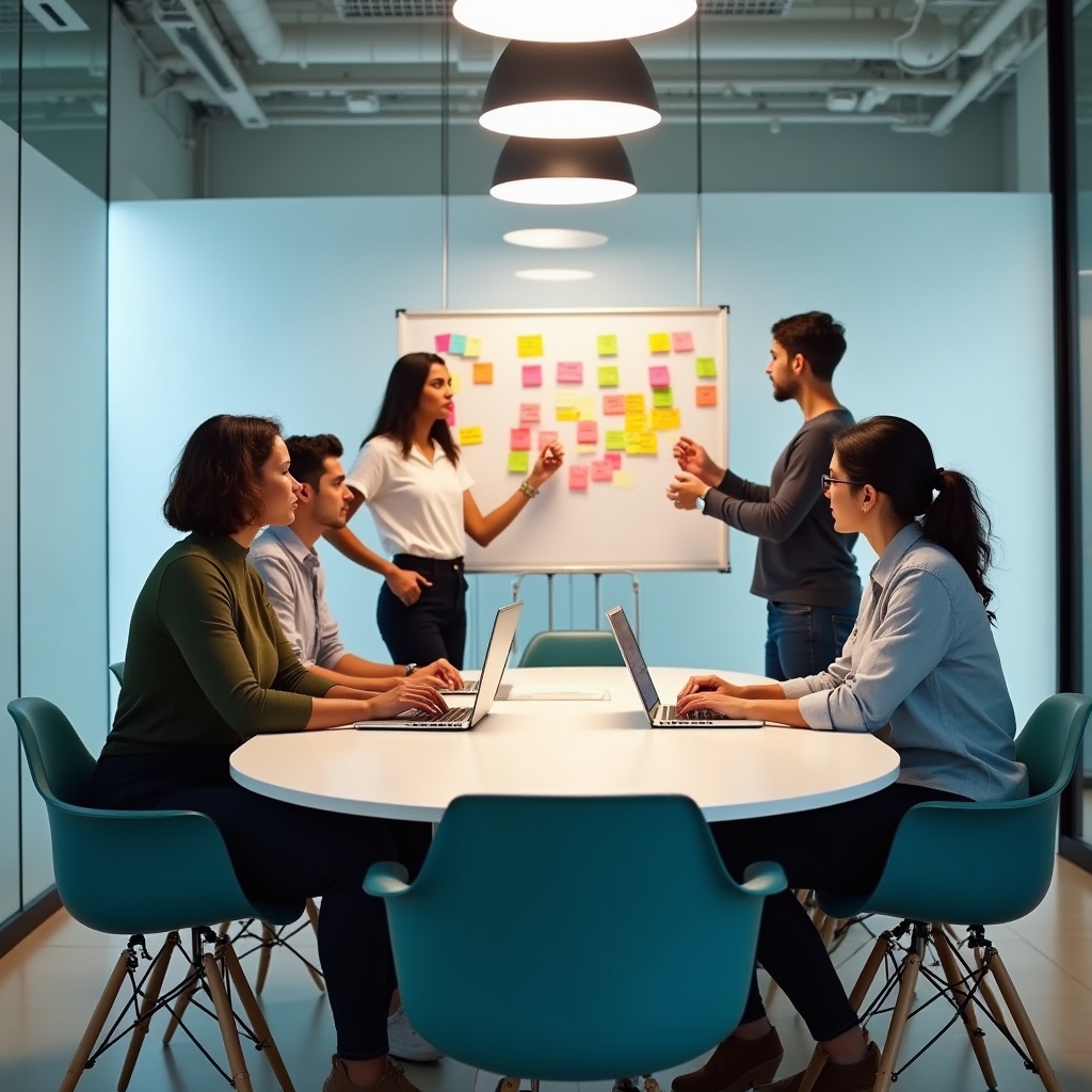 Small team holding a meeting in a coworking meeting room with whiteboard and modern furniture