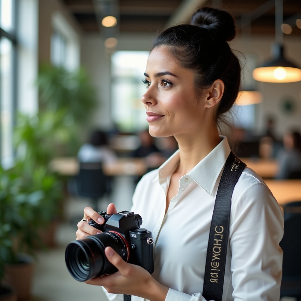 Hulmado team member photographing a coworking space interior with professional camera equipment